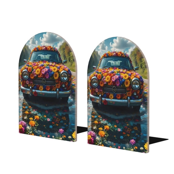 Susaid Flower Covered Vintage Car Print Wooden Bookends Decorative Book Ends for Shelves Heavy Books Holder Organizer Non-Slip Desk Book End for Kids Room Office School 1 Pairs