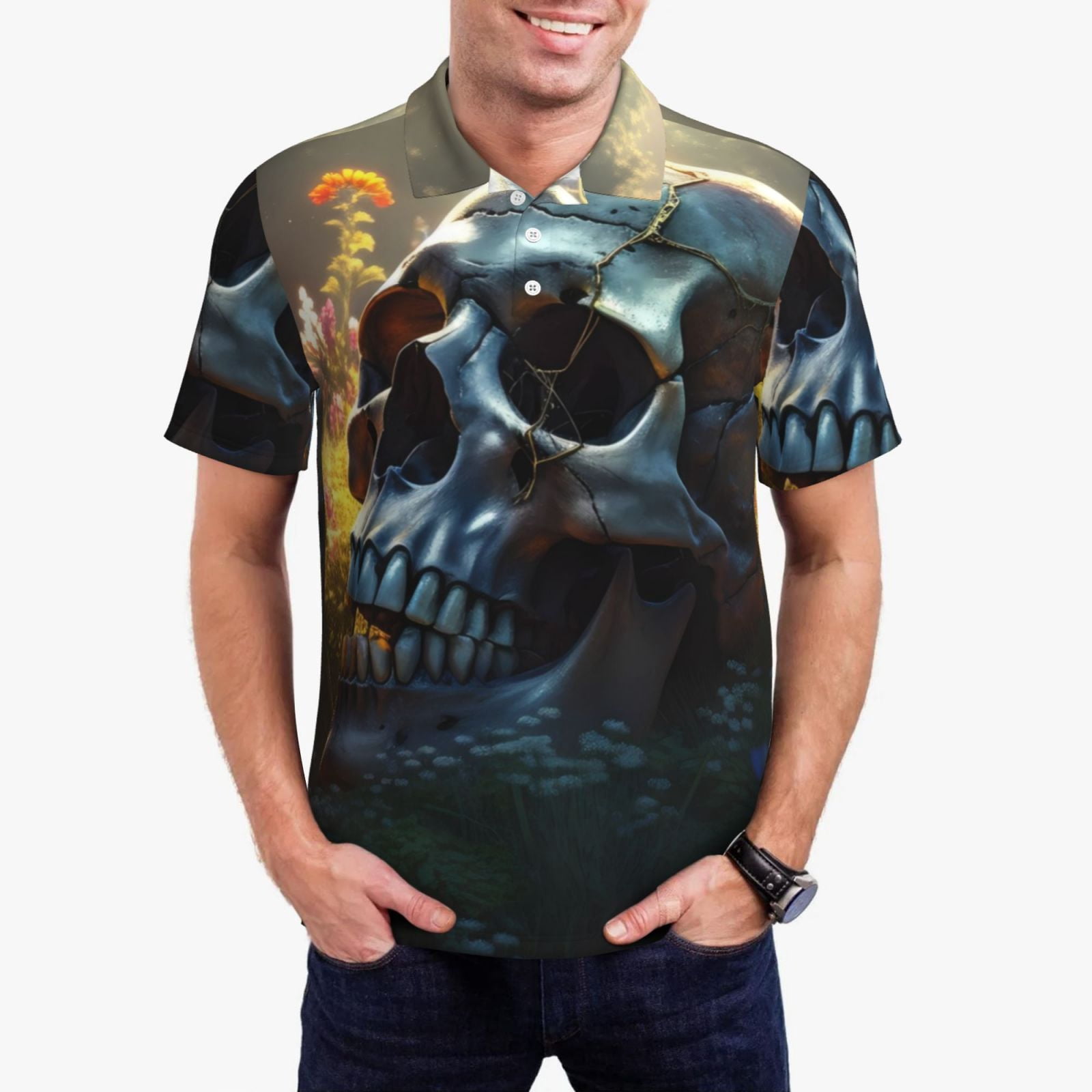 Sugar Skull Mexican Floral Men's Golf Shirts