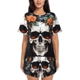 thumbnail image 1 of Susaid Flower Horn Skull Print Women's Pajama Set, Button-Up Sleepwear with Elastic Waist Shorts, Perfect for Lounging, Yoga, Beach, and Casual Wear-Large, 1 of 7