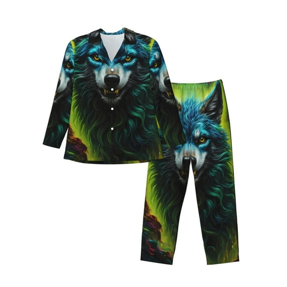 Susaid Fluorescent Wolf Print Men's Long Sleeve Pajama Set, Two-Piece Button-Down Loungewear PJs Set, Comfortable Sleepwear for Relaxation-X-Large