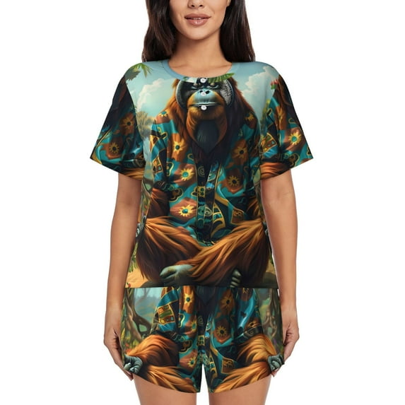 Susaid Forest Meditating Gorilla Print Women's Pajama Set, Button-Up Sleepwear with Elastic Waist Shorts, Perfect for Lounging, Yoga, Beach, and Casual Wear-XX-Large