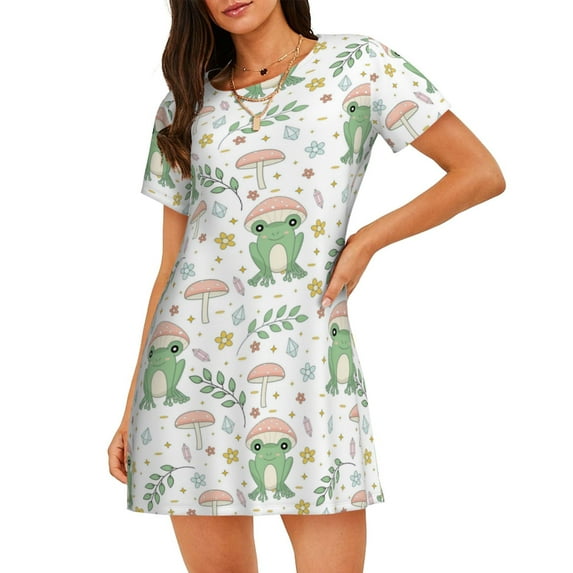 Susaid Frog and Mushrooms Pattern Sleep Shirts for Women Short Sleeve Night Shirts for Sleeping Pullover Nightgown Soft Nightdress