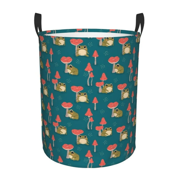Susaid Frog and Mushrooms Print Waterproof Oxford Cloth Storage Circular Laundry Hamper BasketCapacity for Home-Medium