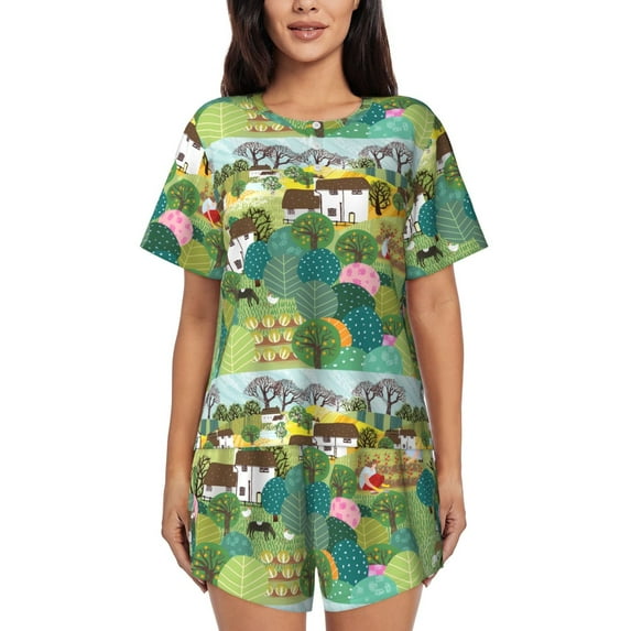 Susaid Garden Farm Print Women's Pajama Set, Button-Up Sleepwear with Elastic Waist Shorts, Perfect for Lounging, Yoga, Beach, and Casual Wear-X-Large
