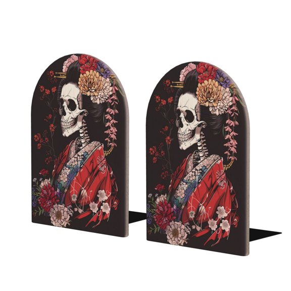 Susaid Geisha Skeleton With Flowers Print Wooden Bookends Decorative Book Ends for Shelves Heavy Books Holder Organizer Non-Slip Desk Book End for Kids Room Office School 1 Pairs