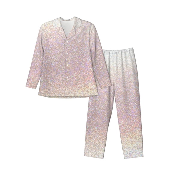 Susaid Glitter Light Pearl Print Men's Long Sleeve Pajama Set, Two-Piece Button-Down Loungewear PJs Set, Comfortable Sleepwear for Relaxation-Medium