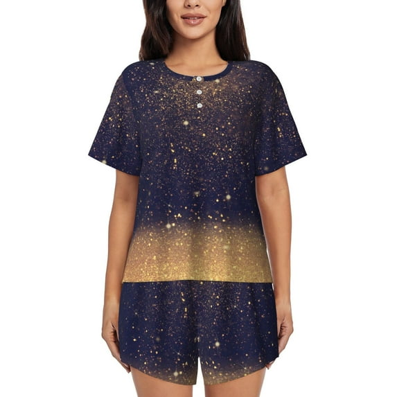 Susaid Gold Black Glitter Print Women's Pajama Set, Button-Up Sleepwear with Elastic Waist Shorts, Perfect for Lounging, Yoga, Beach, and Casual Wear-4X-Large