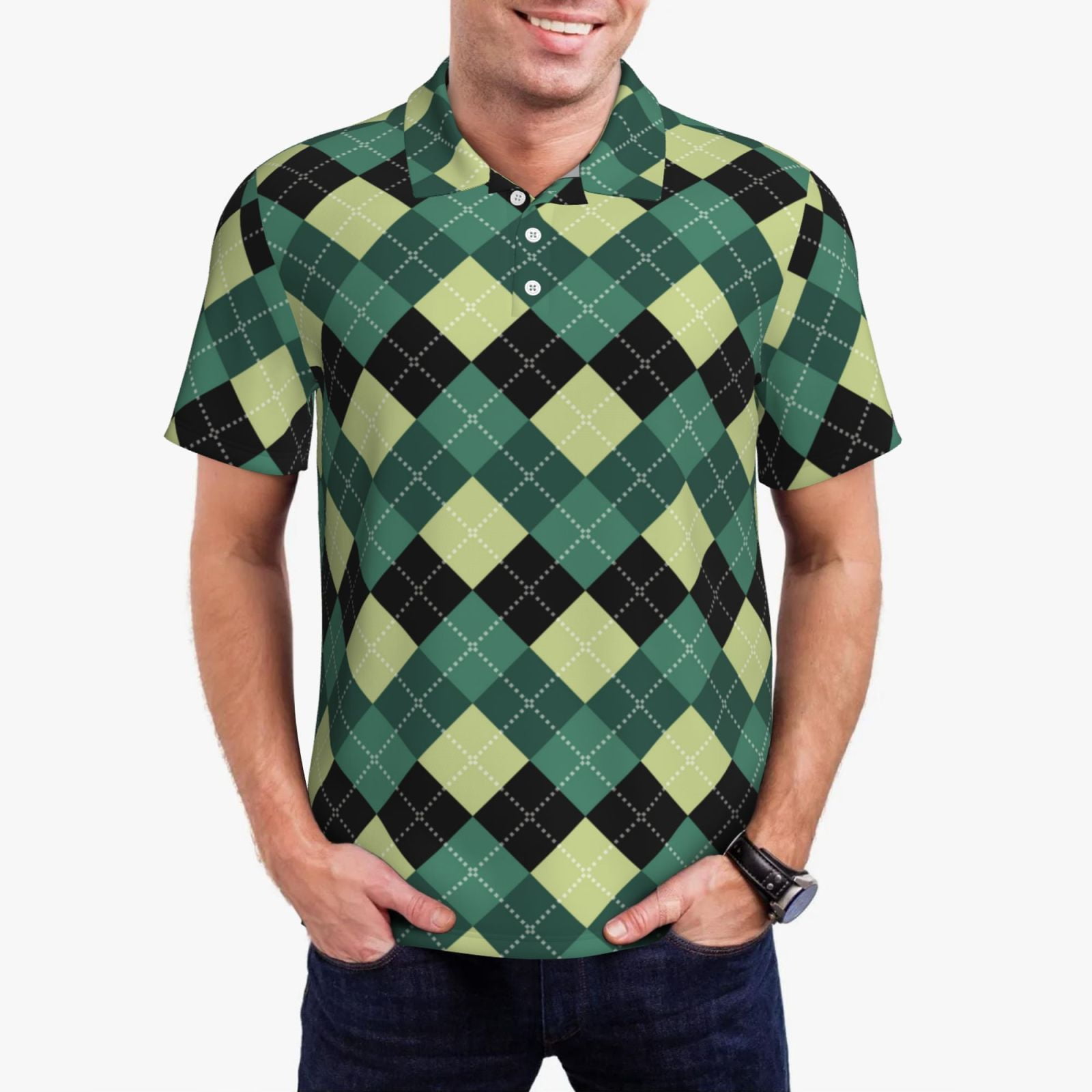 Susaid Green Squares Print Men's Short Sleeve Polo Shirt, Golf Shirts ...