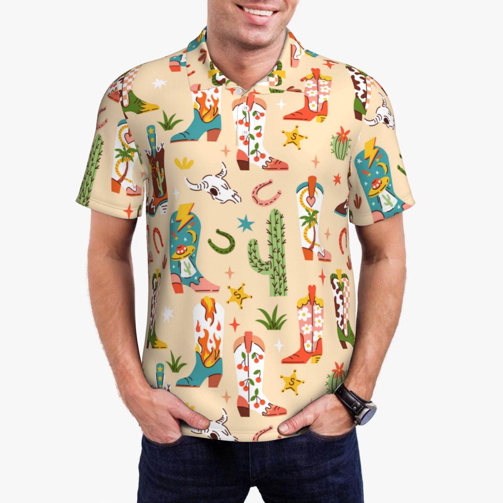 Susaid Groovy American Western Footwear Print Men's Short Sleeve Polo ...