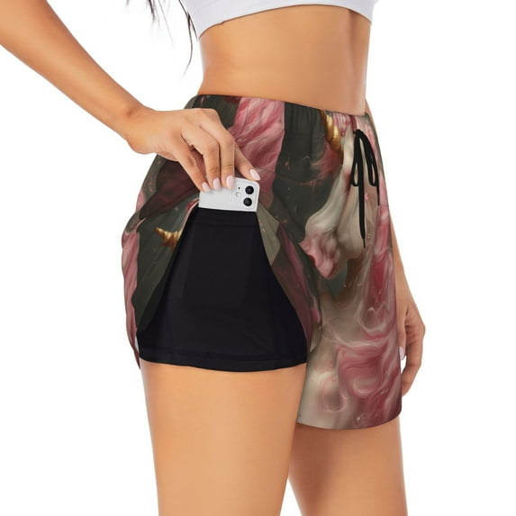 Susaid Haired White Horse Print Women's High Waisted Running Shorts Quick Dry Athletic Gym Track Workout Shorts Zip Pocket-X-Large