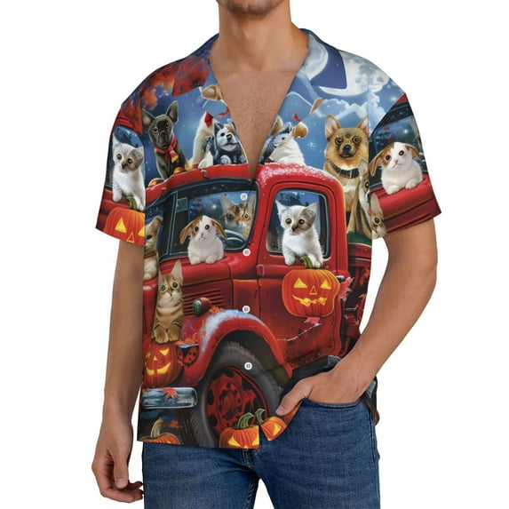 Susaid Halloween Pets Pumpkins Print Men's Polo Shirts Button Down Short Sleeve Casual Summer Beach Vintage Shirts for Men-X-Large