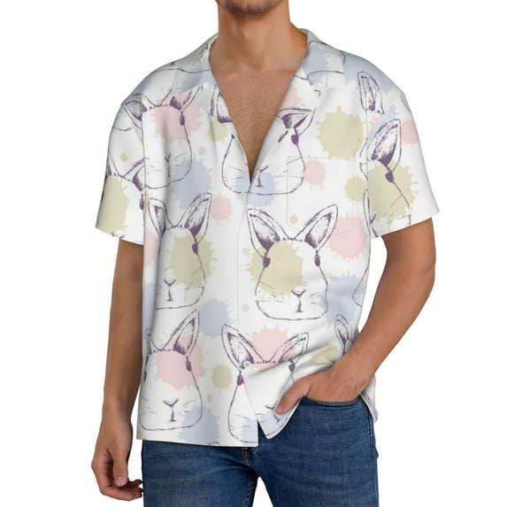 Susaid Hand Drawn Rabbit Print Men's Polo Shirts Button Down Short Sleeve Casual Summer Beach Vintage Shirts for Men-Medium