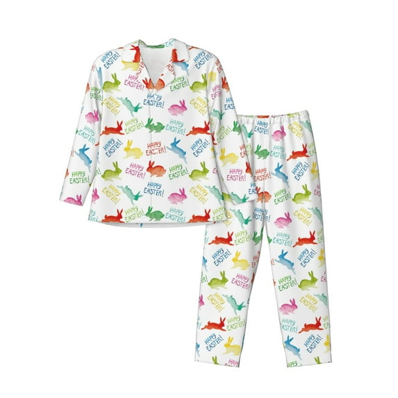 Susaid Happy Easter Rabbit Print Men's Long Sleeve Pajama Set, Two-Piece Button-Down Loungewear PJs Set, Comfortable Sleepwear for Relaxation-XX-Large