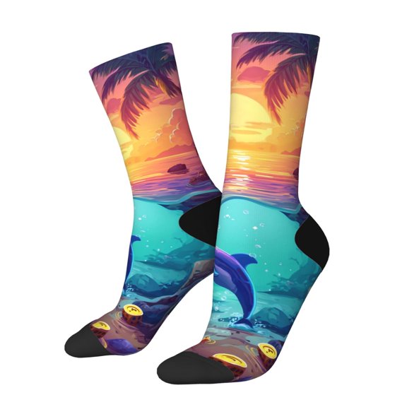 Susaid Hawaiian Island Dolphin Print Men's Moisture Wicking Cushioned Crew Work Boot Socks Suitable for Size 36-45
