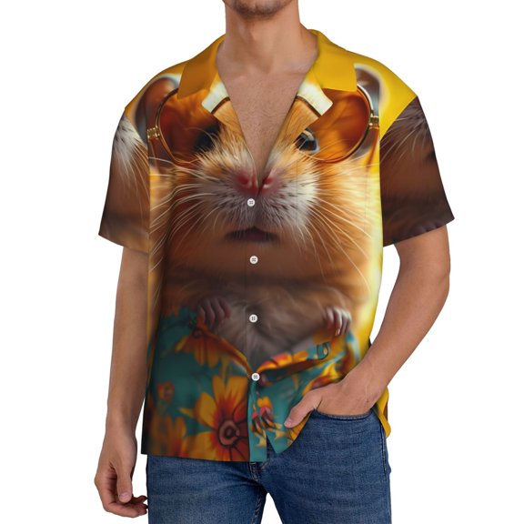 Susaid Hawaiian Style Guinea Pig Print Men's Polo Shirts Button Down Short Sleeve Casual Summer Beach Vintage Shirts for Men-Large