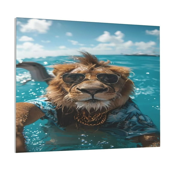 Susaid Hawaiian Swimming Lion Pattern Canvas Wall Decor Poster Framed Artwork Decoration for Bedroom Home Office Ready to Hang,Horizontal