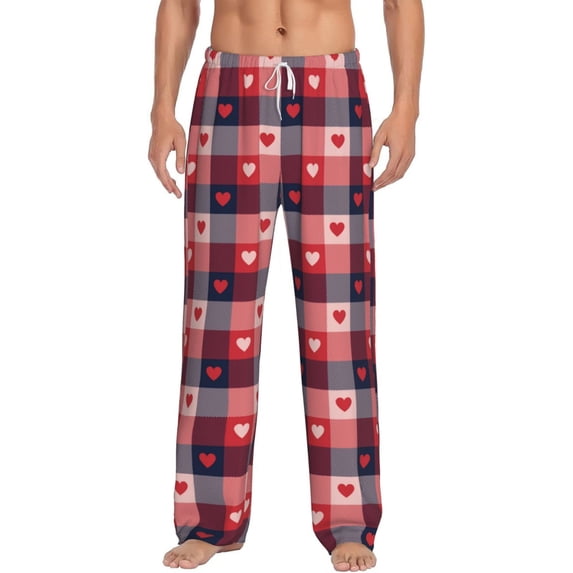 Susaid Heart Plaid Print Mens Pajama Pants Set Sleep & Lounge Pants, PJ Bottoms with Pockets and Button Fly-X-Large