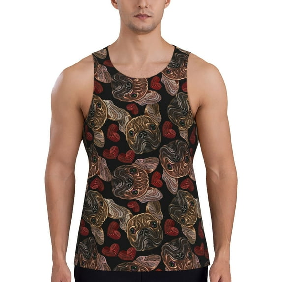 Susaid Hearts and French Bulldog Print Men's Sleeveless Workout Running Tank Top Dry Fit Athletic Gym Sports Swim Beach Muscle Bodybuilding Shirts-X-Large