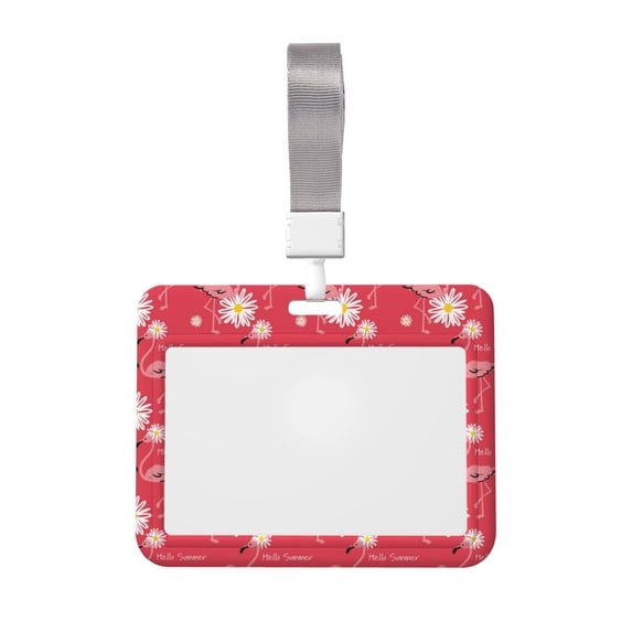 Susaid Hello Summer Flamingo Print ID Badge Holder with Double-Sided Windows Horizontal Hard Plastic Case Black Card Protector Pouch for Office School ID Credit Cards