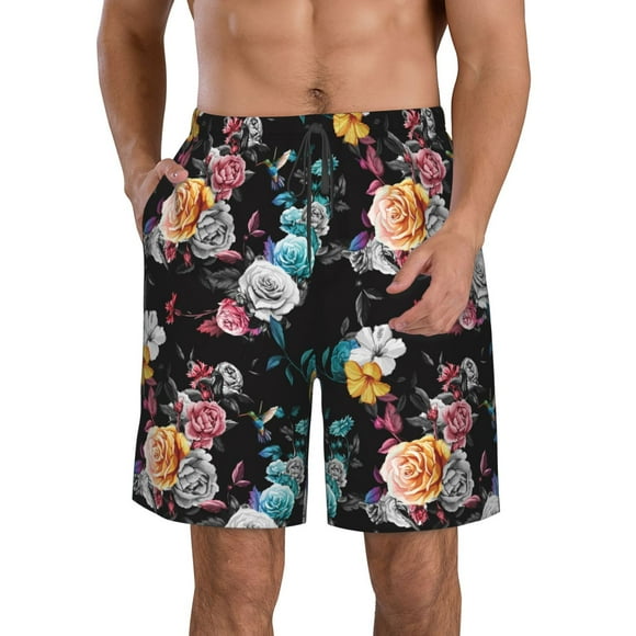 Susaid Hibiscus Rose Print Men's Swim Trunks Hawaiian Bathing Mesh Lining Suit Swimsuits Beach Shorts with Pockets-X-Large