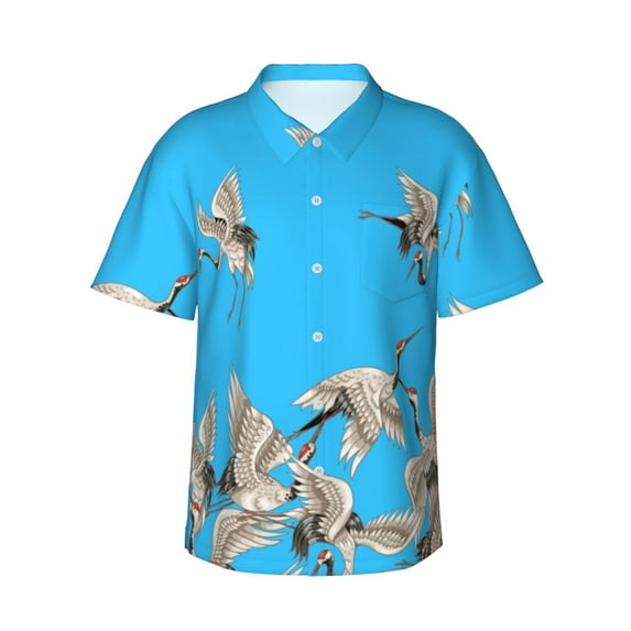 Susaid Japanese White Cranes Print Short Sleeve Shirts Button Down Casual Shirts Summer Beach Aloha Button Down Short Sleeve for Men ,XX-Large