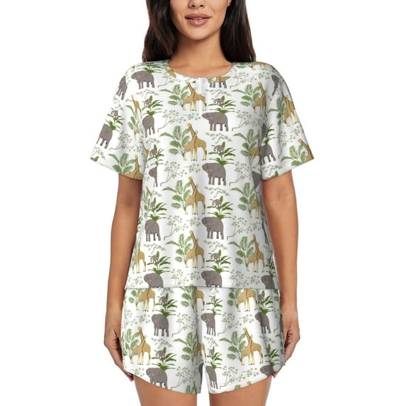 Susaid Jungle Animal Print Women's Pajama Set, Button-Up Sleepwear with Elastic Waist Shorts, Perfect for Lounging, Yoga, Beach, and Casual Wear-Medium