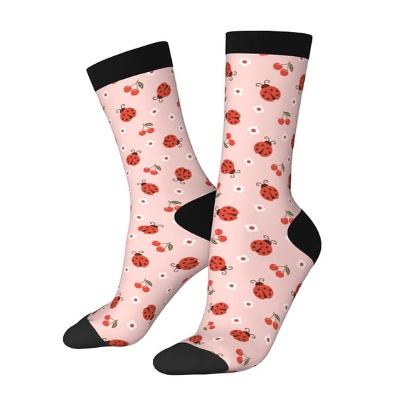 Susaid Ladybug With Flower Print Men's Moisture Wicking Cushioned Crew Work Boot Socks Suitable for Size 36-45