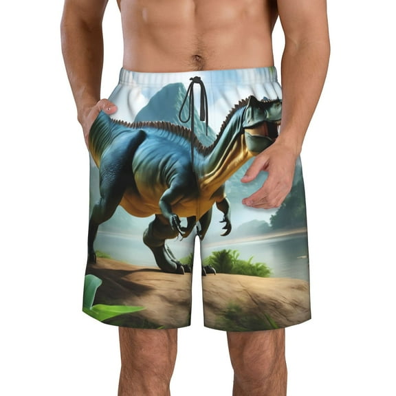 Susaid Lake Forest Dinosaur A Print Men's Swim Trunks Hawaiian Bathing Mesh Lining Suit Swimsuits Beach Shorts with Pockets-XX-Large