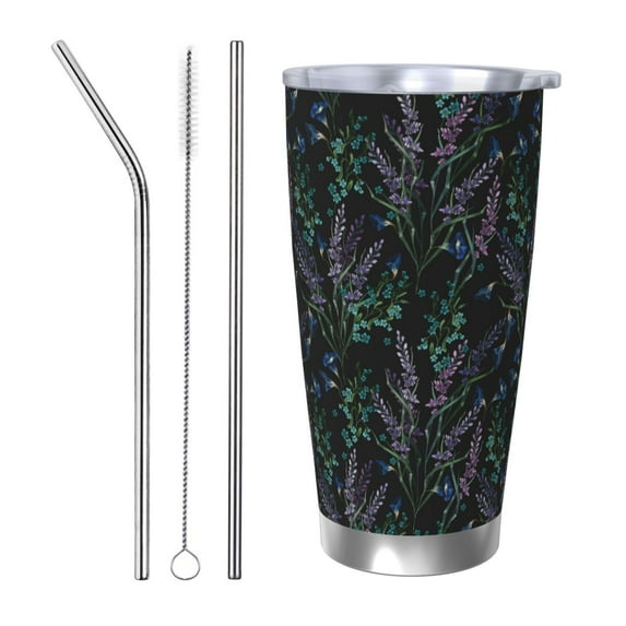Susaid Lavender Flowers Print 20oz Car Cup,Insulated Coffee Cup Fully Spill Proof Travel Coffee Mug, Stainless Steel Tumbler for Work Home Outdoor Car-Straw Three-piece Set