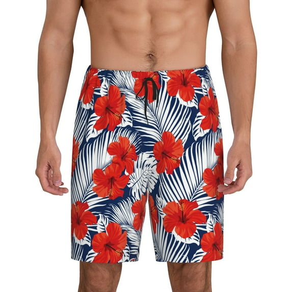 Susaid Leaves And Flowers Print Mens Shorts, Breathable Lounge Sleepwear Set with Elastic Waistband and Pockets-Medium