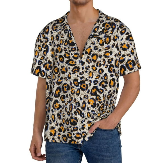 Susaid Leopard Print Men's Polo Shirts Button Down Short Sleeve Casual Summer Beach Vintage Shirts for Men-Large