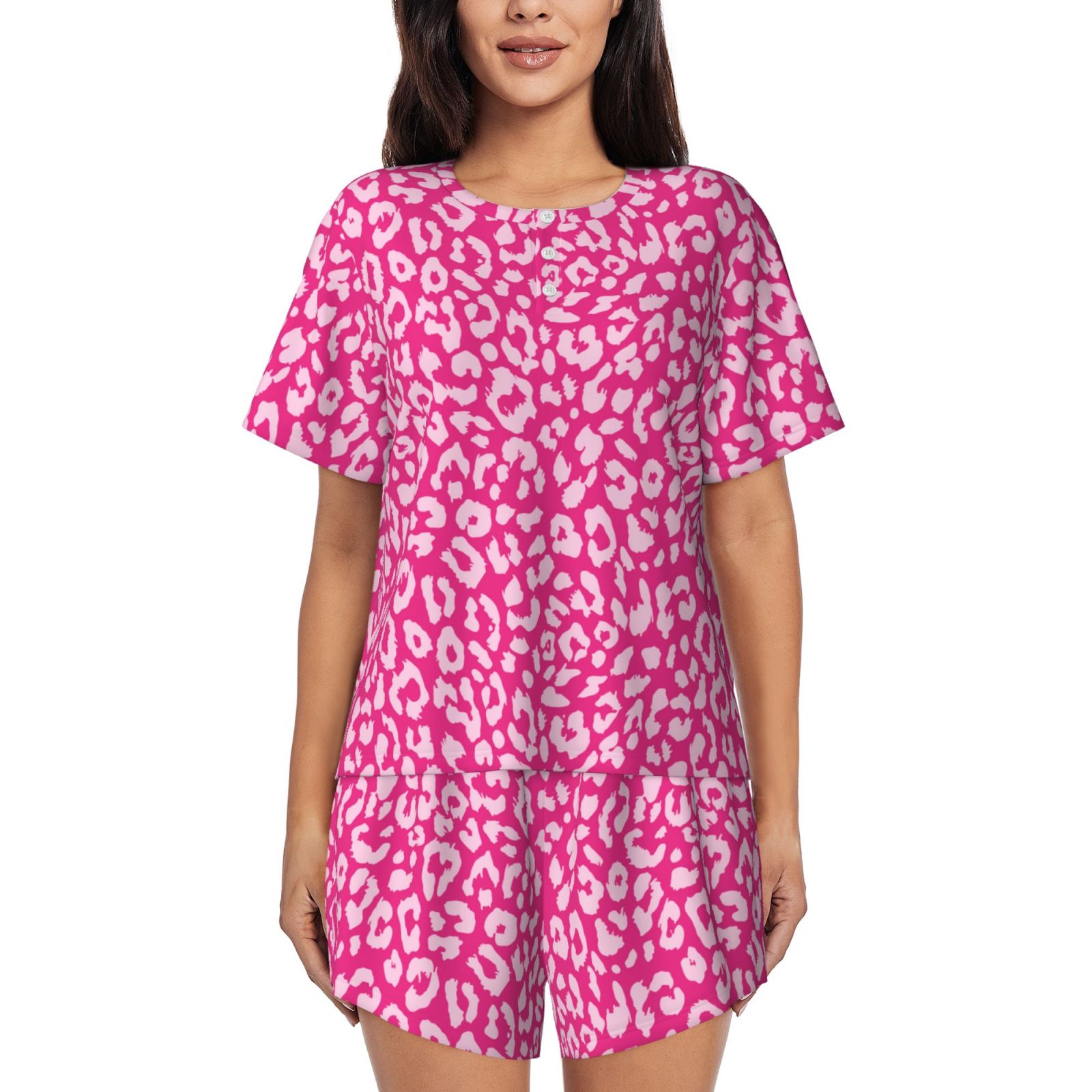 Lace Cotton Print Leopard Women Summer Purple Sets Pajama Up