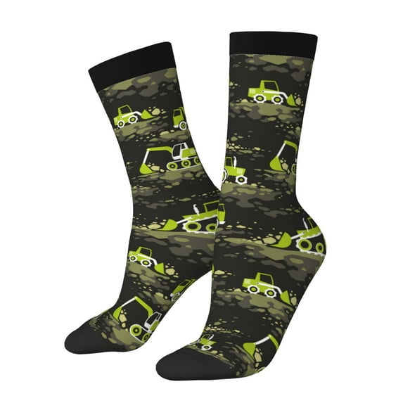 Susaid Light Green Excavator Print Men's Moisture Wicking Cushioned Crew Work Boot Socks Suitable for Size 36-45