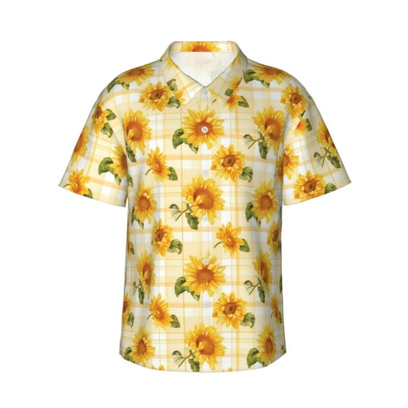 Susaid Light Yellow Plaid Sunflower Print Short Sleeve Shirts Button Down Casual Shirts Summer Beach Aloha Button Down Short Sleeve for Men ,Large