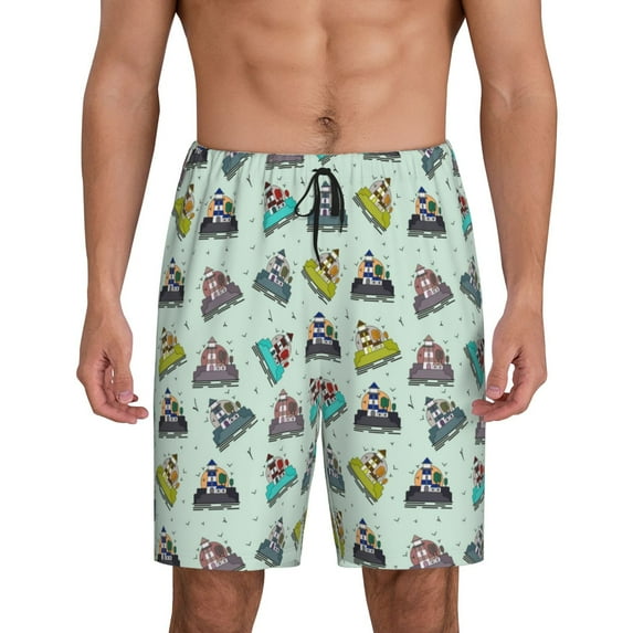 Susaid Lighthouse Print Mens Shorts, Breathable Lounge Sleepwear Set with Elastic Waistband and Pockets-XX-Large