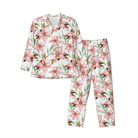 Susaid Lilies Flowers Print Men's Long Sleeve Pajama Set, Two-Piece Button-Down Loungewear PJs Set, Comfortable Sleepwear for Relaxation-Medium