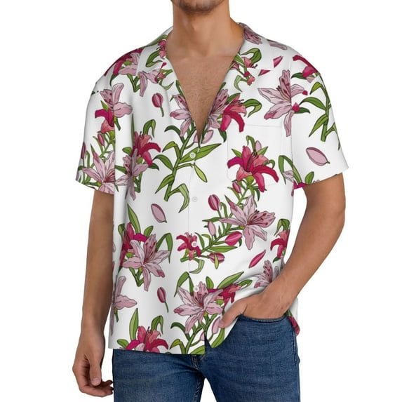 Susaid Lilies Flowers Print Men's Polo Shirts Button Down Short Sleeve Casual Summer Beach Vintage Shirts for Men-Medium