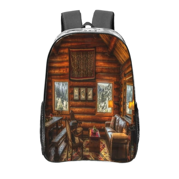 Susaid Log Cabin Inside Print Clear Backpack See Through Transparent Plastic Clear Bookbags for School, College, Stadium,Work