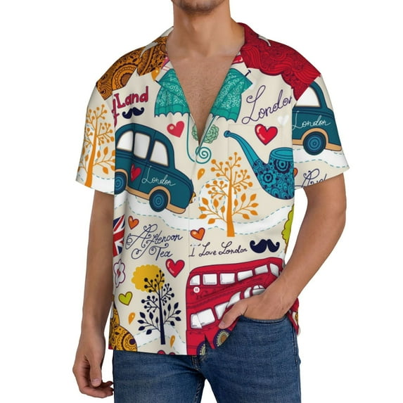 Susaid London Symbols Print Men's Polo Shirts Button Down Short Sleeve Casual Summer Beach Vintage Shirts for Men-XX-Large