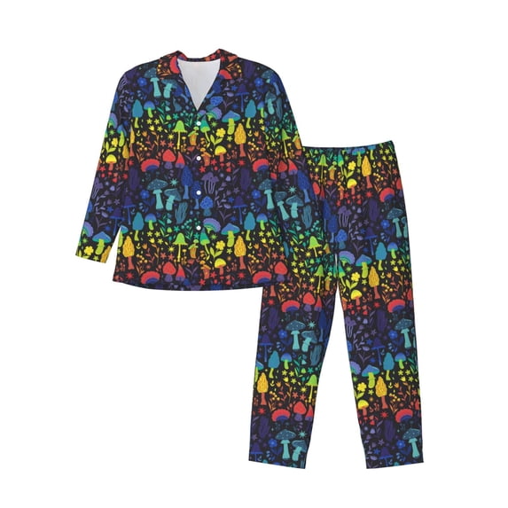 Susaid Magical Mushrooms and Flowers Print Men's Long Sleeve Pajama Set, Two-Piece Button-Down Loungewear PJs Set, Comfortable Sleepwear for Relaxation-Small