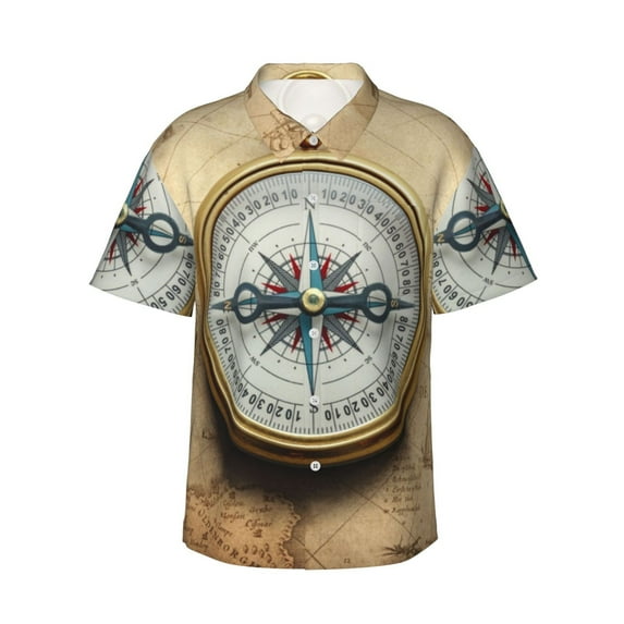 Susaid Magnetic Old Compass On World Map Print Hawaiian Shirts for Men Women,Hawaiian Summer Short-Sleeve Casual Relaxed-Fit Button-Down,3X-Large