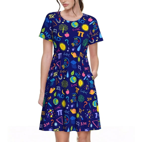 Susaid Mathematics And Chemistry Pattern Women's Casual Floral Print Crewneck Short Sleeve A Line Boho Maxi Dress