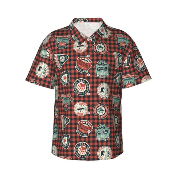 Susaid Mountain Adventure Badges Print Short Sleeve Shirts Button Down Casual Shirts Summer Beach Aloha Button Down Short Sleeve for Men ,XX-Large