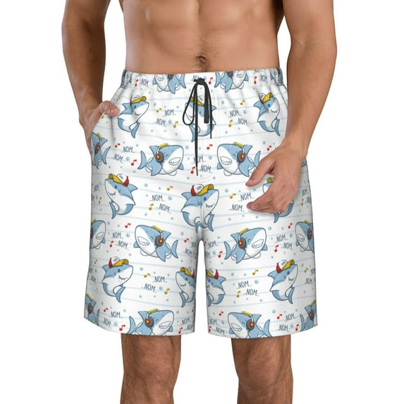 Susaid Cute Shark Print Men's Swim Trunks Hawaiian Bathing Mesh Lining Suit Swimsuits Beach Shorts with Pockets-Large