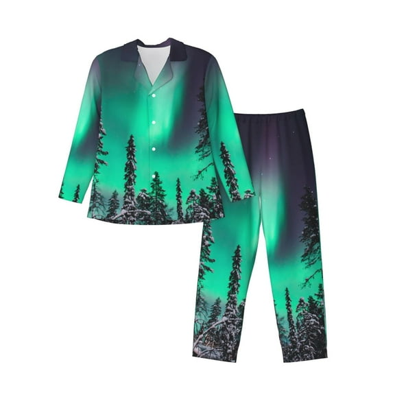 Susaid Northern Lights 2 Print Men's Long Sleeve Pajama Set, Two-Piece Button-Down Loungewear PJs Set, Comfortable Sleepwear for Relaxation-Large