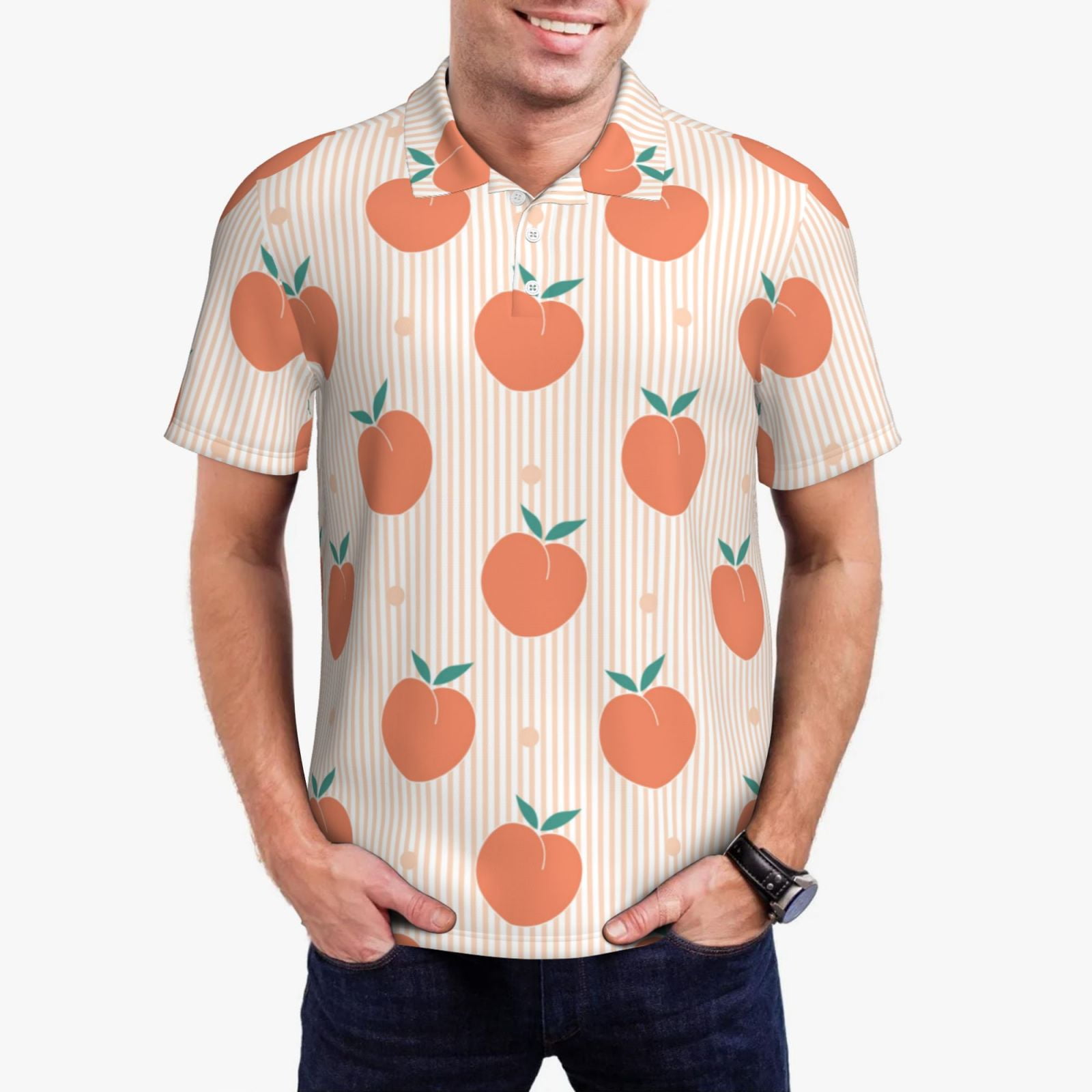 Susaid Orange Peach Print Men's Short Sleeve Polo Shirt, Golf Shirts ...