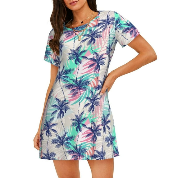 Susaid Palm Leaves Pattern Sleep Shirts for Women Short Sleeve Night Shirts for Sleeping Pullover Nightgown Soft Nightdress