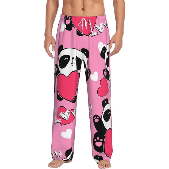 Susaid Panda Heart Valentine Pink Print Mens Pajama Pants Set Sleep & Lounge Pants, PJ Bottoms with Pockets and Button Fly-X-Large