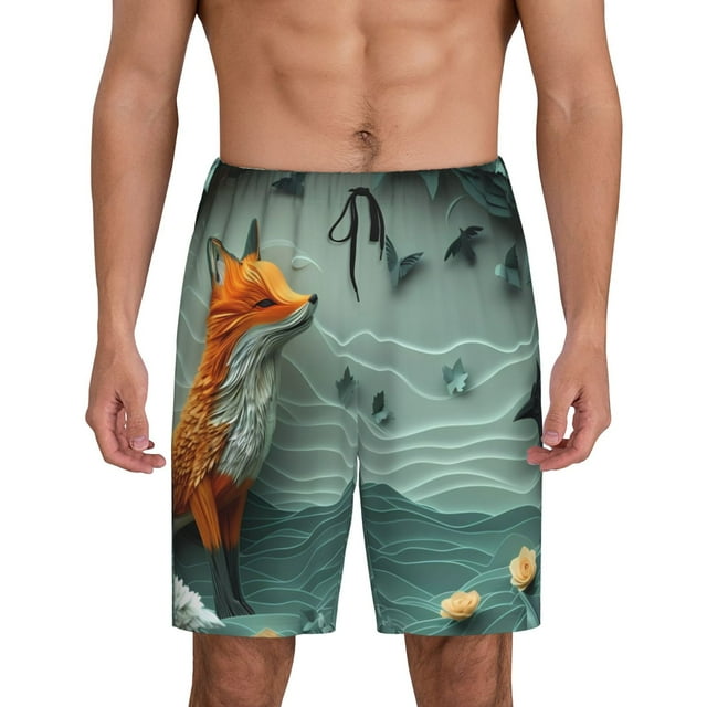 Susaid Paper Fox Crow Fantasy Print Mens Shorts, Breathable Lounge Sleepwear Set with Elastic Waistband and Pockets-4X-Large
