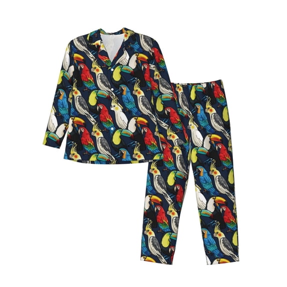 Susaid Parrot Print Men's Long Sleeve Pajama Set, Two-Piece Button-Down Loungewear PJs Set, Comfortable Sleepwear for Relaxation-XX-Large
